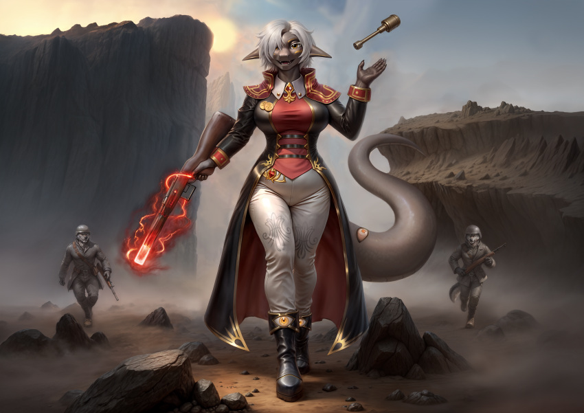 absurd_res ai_generated anthro clothing digital_media_(artwork) dragon eliza_brown eyes female furry hair hi_res lieutenant mythological_creature mythological_scalie mythology scalie tail uniform white_hair yellow_eyes