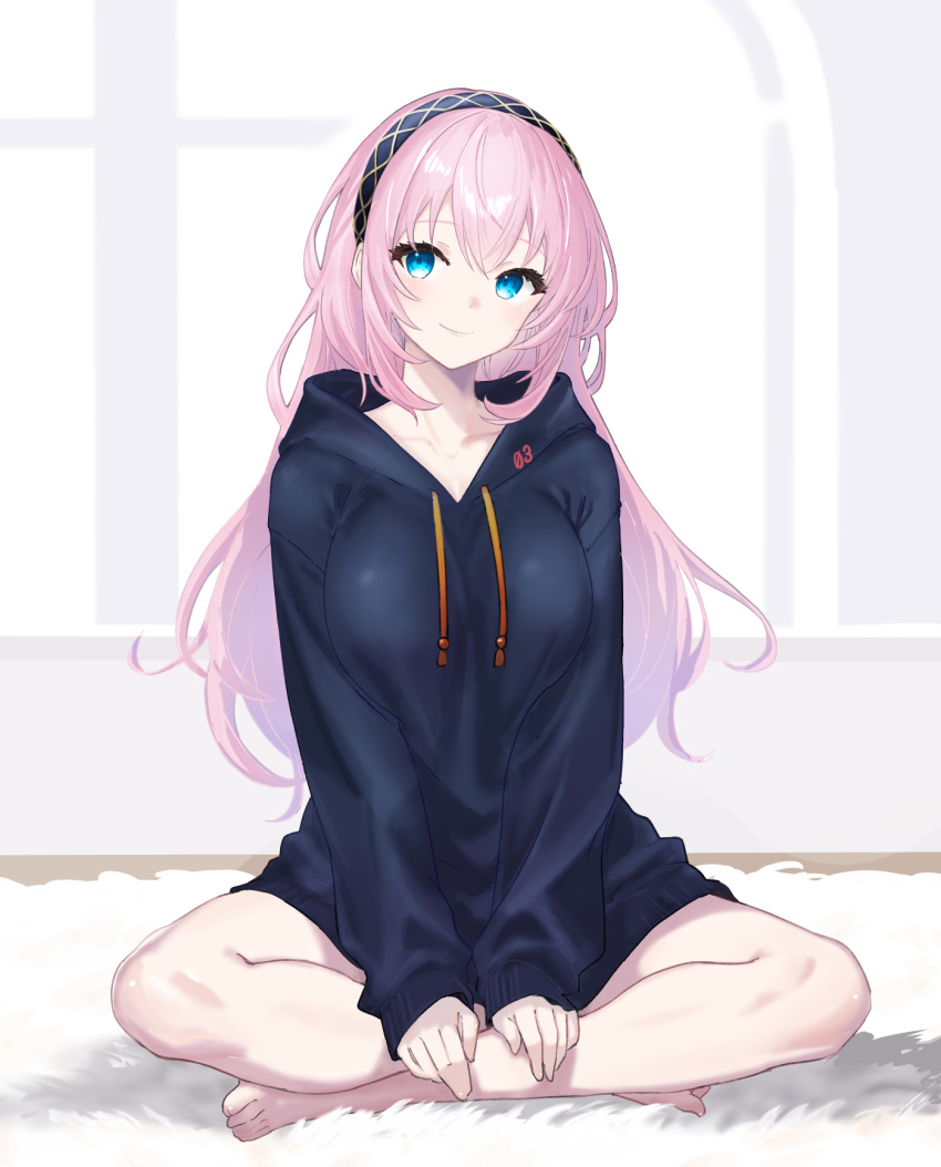 barefoot black_hoodie blue_eyes breasts closed_mouth collarbone commentary_request female full_body hairband highres hood hood_down hoodie indian_style indoors large_breasts light_blush long_hair long_sleeves looking_at_viewer megurine_luka pink_hair sitting smile solo toes variant_set vocaloid window yukihane_(snowowl515)