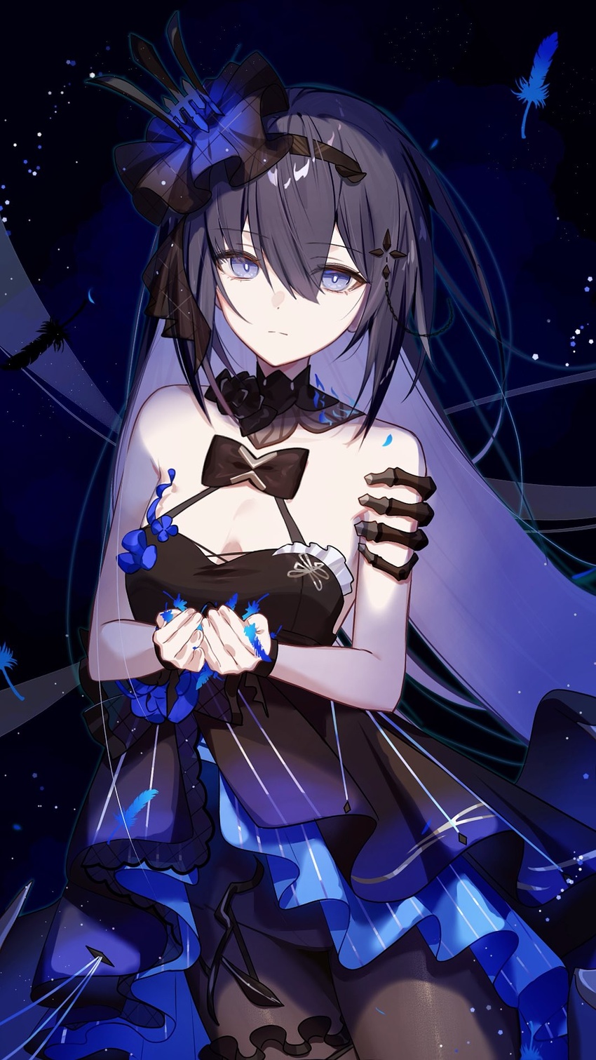 bare_shoulders black_dress black_hair blue_eyes blue_flower blue_hair breasts closed_mouth colored_inner_hair dress female flower hair_between_eyes hair_flower hair_ornament highres honkai_(series) honkai_impact_3rd karamaru626 long_hair multicolored_hair official_alternate_costume seele_vollerei seele_vollerei_(herrscher_of_rebirth) smile solo