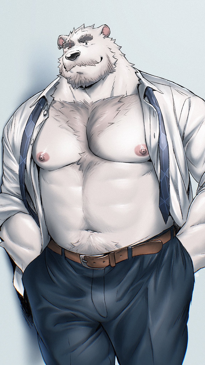 1boy animal_ears another_eidos-r bara bare_pectorals bear_boy bear_ears beard belt blue_necktie blue_pants brown_belt bulge chest_tuft collared_shirt cowboy_shot facial_hair furry furry_male gamubear grey_background hand_in_pocket highres large_pectorals looking_at_viewer loose_necktie male_focus moustache muscular muscular_male navel navel_hair necktie open_clothes open_shirt pants pectorals scar scar_across_eye shirt sigvaldi_(another_eidos) simple_background solo strongman_waist thick_eyebrows thick_neck white_fur white_shirt