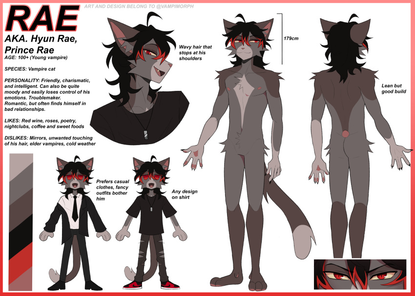 absurd_res anthro bat_symbol bedroom_eyes black_hair black_tie_(suit) clothing domestic_cat english_text felid feline felis hair hi_res highlights_(coloring) looking_at_viewer male mammal model_sheet narrowed_eyes rae_(vampimorph) red_eyes red_hair seductive solo suit text vampimorph vampire