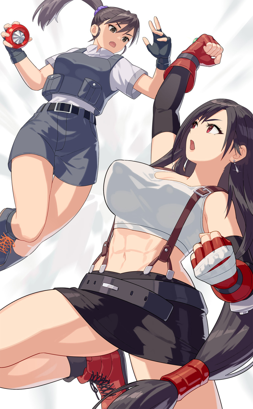 2girls abs black_gloves black_hair breasts brown_hair bulletproof_vest covered_nipples crop_top earrings ehrgeiz elbow_gloves fighting final_fantasy final_fantasy_vii fingerless_gloves gloves high-waist_shorts highres jewelry jumping kishibojin_yoko large_breasts long_hair low-tied_long_hair miniskirt multiple_girls open_mouth police police_uniform policewoman red_eyes red_footwear short_shorts shorts skirt suspender_skirt suspenders tank_top thighs tifa_lockhart toned toned_female uniform very_long_hair yagi2013 yo-yo