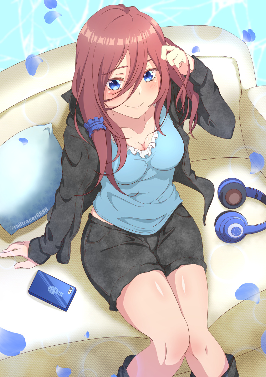 absurdres adjusting_hair black_jacket black_shorts blue_eyes blue_shirt breasts brown_hair cleavage closed_mouth commentary couch falling_petals female from_above go-toubun_no_hanayome hair_between_eyes headphones highres jacket large_breasts long_hair long_hair_between_eyes long_sleeves looking_at_viewer looking_up nakano_miku on_couch open_clothes open_jacket petals phone railtracer8888 shirt short_shorts shorts sitting smile solo white_shirt