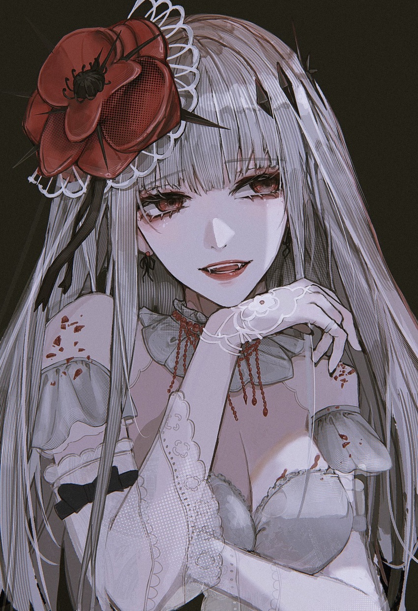 black_background breasts chironoliver coquelic_(path_to_nowhere) fangs female flower hair_flower hair_ornament head_rest highres long_hair looking_to_the_side path_to_nowhere red_eyes simple_background very_long_hair