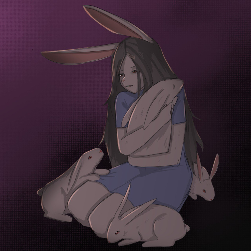 1:1 anthro blue_clothing blue_dress bottomwear clothed clothing dress female feral floppy_ears fur hair hi_res hug hugging_another lagomorph leporid long_ears long_hair lop_ears mammal mieri_(yourumi) rabbit red_eyes sitting sitting_on_ground skirt smile solo tail teeth white_body white_fur yourumi