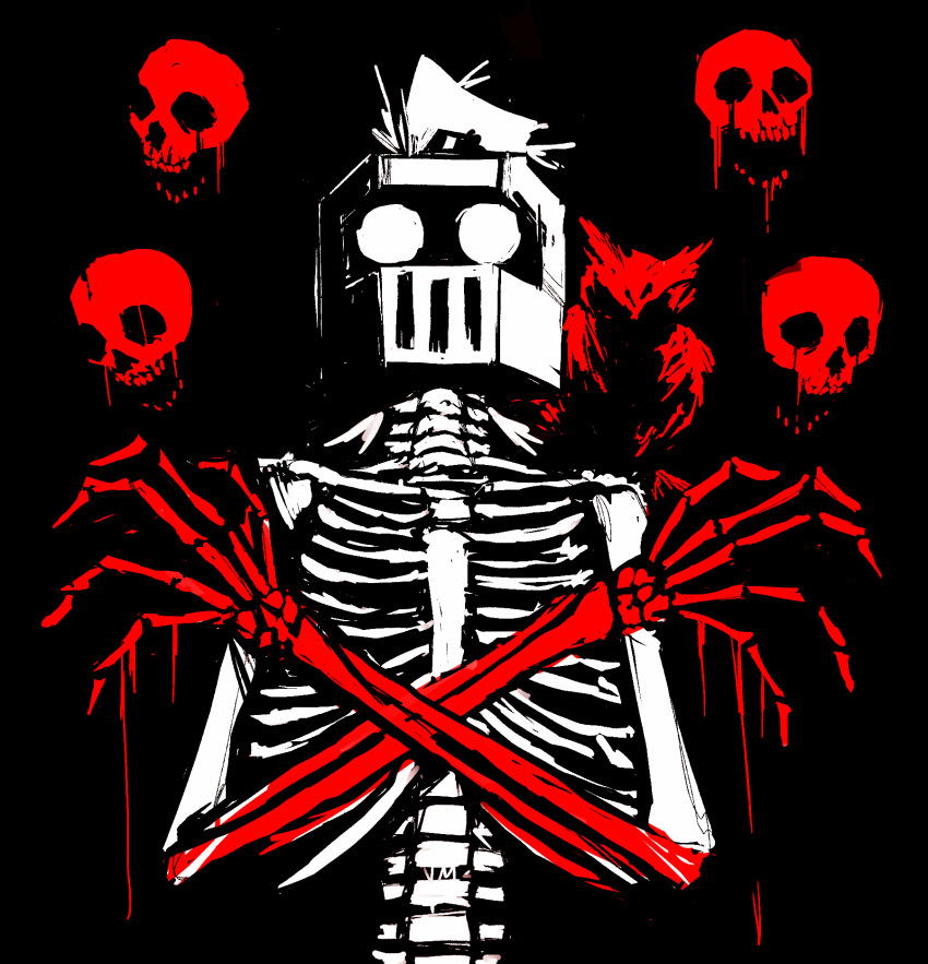 ambiguous_gender armor avian bird black_and_white_and_red blood blood_on_hand bodily_fluids bone crossed_arms duo feral headgear headgear_only helmet helmet_only hi_res mysterious_druid_knight new_blood_interactive no_irises no_pupils obscured_face owl owl_(ultrakill) skeleton skull ultrakill volatilemask