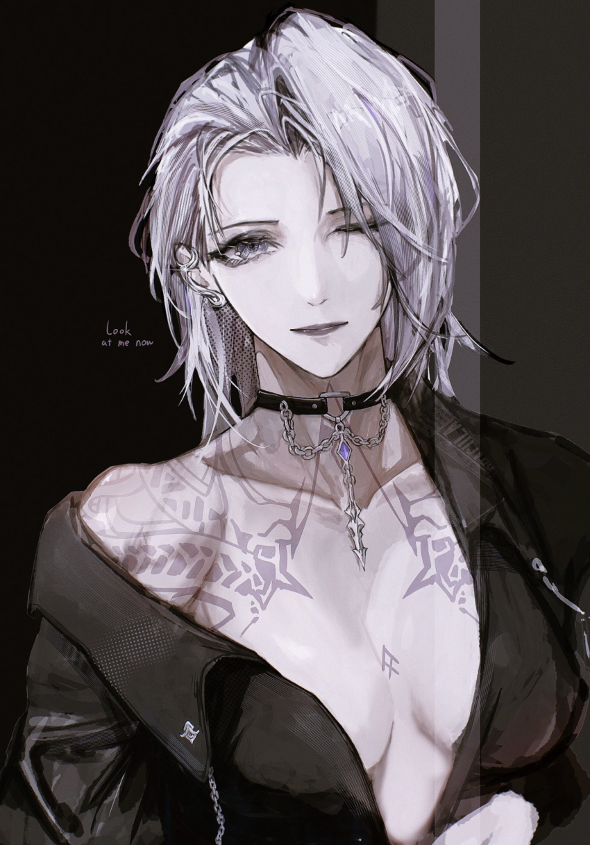 black_jacket chains chironoliver choker collarbone english_text highres jacket looking_at_viewer muscular muscular_female one_eye_closed open_clothes open_jacket path_to_nowhere short_hair tattoo zoya_(path_to_nowhere)