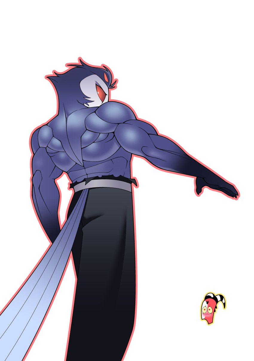 absurd_res baki_the_grappler blitzo_(helluva_boss) blush bottomwear clothing cosplay duo feathers helluva_boss hi_res imp looking_at_viewer male muscular muscular_male owl_demon pants parody pr-egg-nant red_eyes stolas_(helluva_boss) tail tail_feathers yujiro_hanma