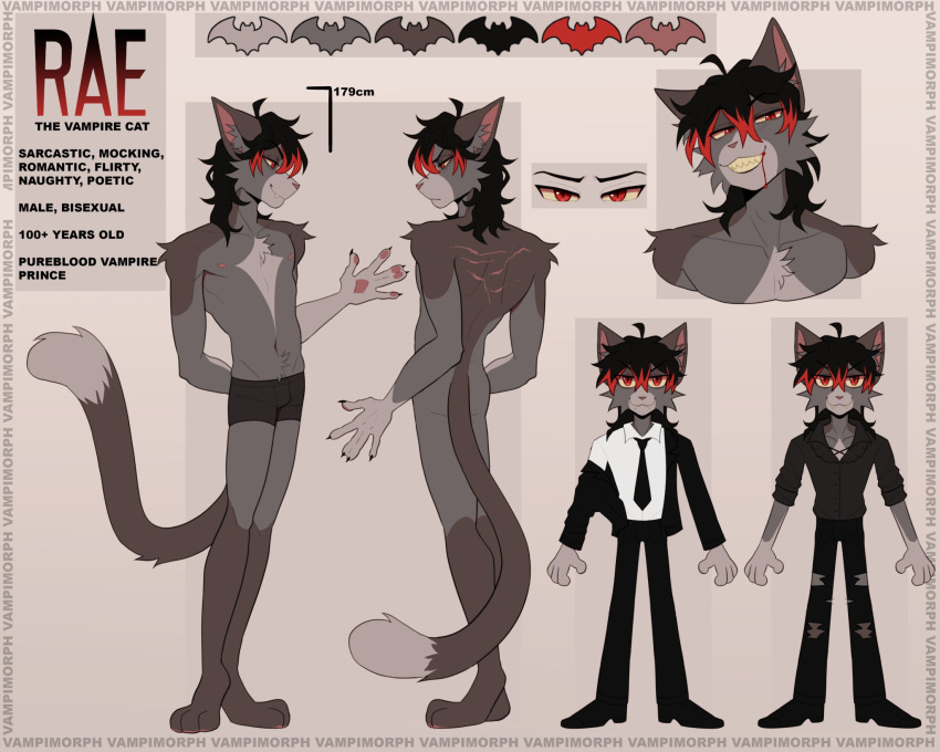 anthro bat_symbol black_hair black_tie_(suit) blood blood_from_mouth blood_in_mouth bodily_fluids clothing domestic_cat drinking drinking_blood english_text felid feline felis hair hi_res highlights_(coloring) male mammal model_sheet rae_(vampimorph) red_eyes red_hair solo suit text vampimorph vampire