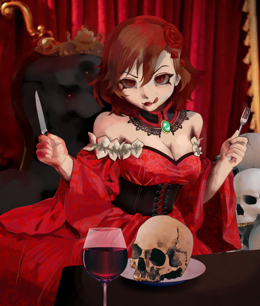 absurdres akujiki_musume_conchita_(vocaloid) banica_conchita bare_shoulders black_choker black_corset breasts brooch brown_eyes brown_hair choker cleavage colored_sclera corset cup dress drinking_glass empty_eyes evil_eyes evil_smile evillious_nendaiki female flower fork gem glass_of_conchita green_gemstone grey_sclera hair_flower hair_ornament highres holding holding_fork holding_knife implied_cannibalism jewelry knife lace lace_choker large_breasts licking_lips looking_at_viewer medium_hair meiko_(vocaloid) off-shoulder_dress off_shoulder punkish red_choker red_curtains red_dress red_flower red_lips red_rose rose sitting_on_throne skull_hair_ornament smile solo throne tongue tongue_out vessel_of_sin vocaloid wavy_hair wide_sleeves wine_glass