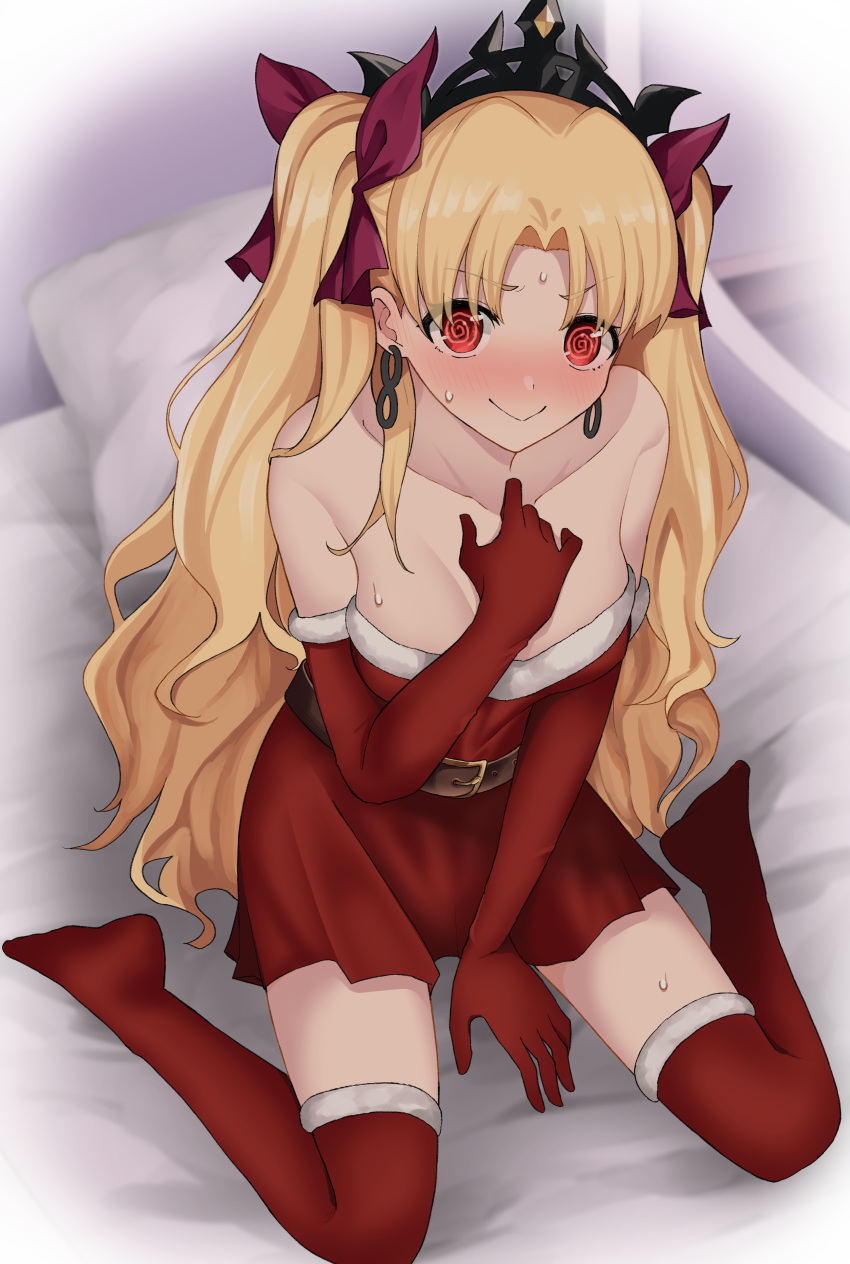 absurdres alternate_costume bare_shoulders belt blonde_hair blush bow brown_belt christmas closed_mouth collarbone commentary_request dress earrings elbow_gloves ereshkigal_(fate) fate/grand_order fate_(series) female fur-trimmed_gloves fur-trimmed_thighhighs fur_trim gloves hairbow highres indoors jewelry long_hair looking_at_viewer mixed-language_commentary no_shoes on_bed parted_bangs pillow red_bow red_dress red_eyes red_gloves red_thighhighs shadow sitting smile solo strapless strapless_dress sweat tanuki_(siutkm0228) thighhighs tiara two_side_up