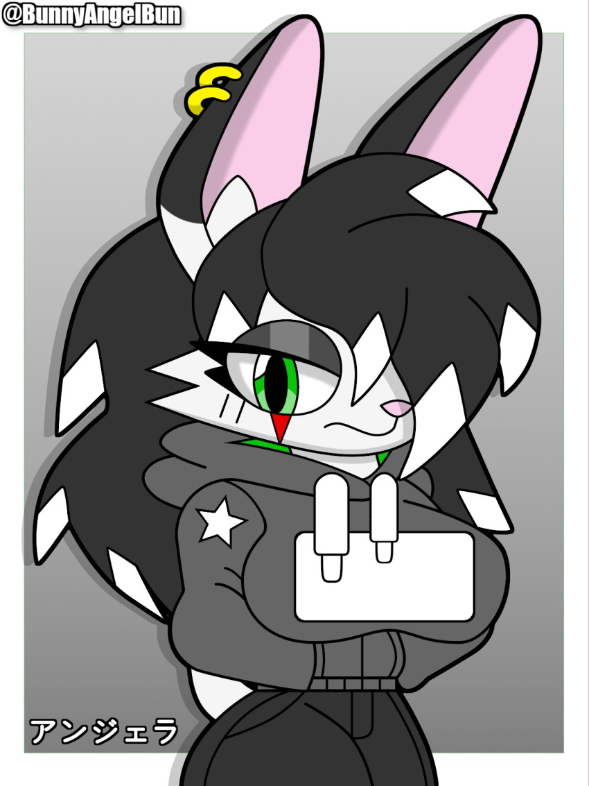 2024 3:4 angelette_bunkiller_(bunnyangelbun) anthro black_clothing black_hair bunnyangelbun clothing digital_drawing_(artwork) digital_media_(artwork) ear_piercing ear_ring female fur green_eyes hair hi_res japanese_text lagomorph leporid mammal piercing rabbit ring_piercing rule_63 scar serious_face simple_background solo sweater text topwear white_body white_fur