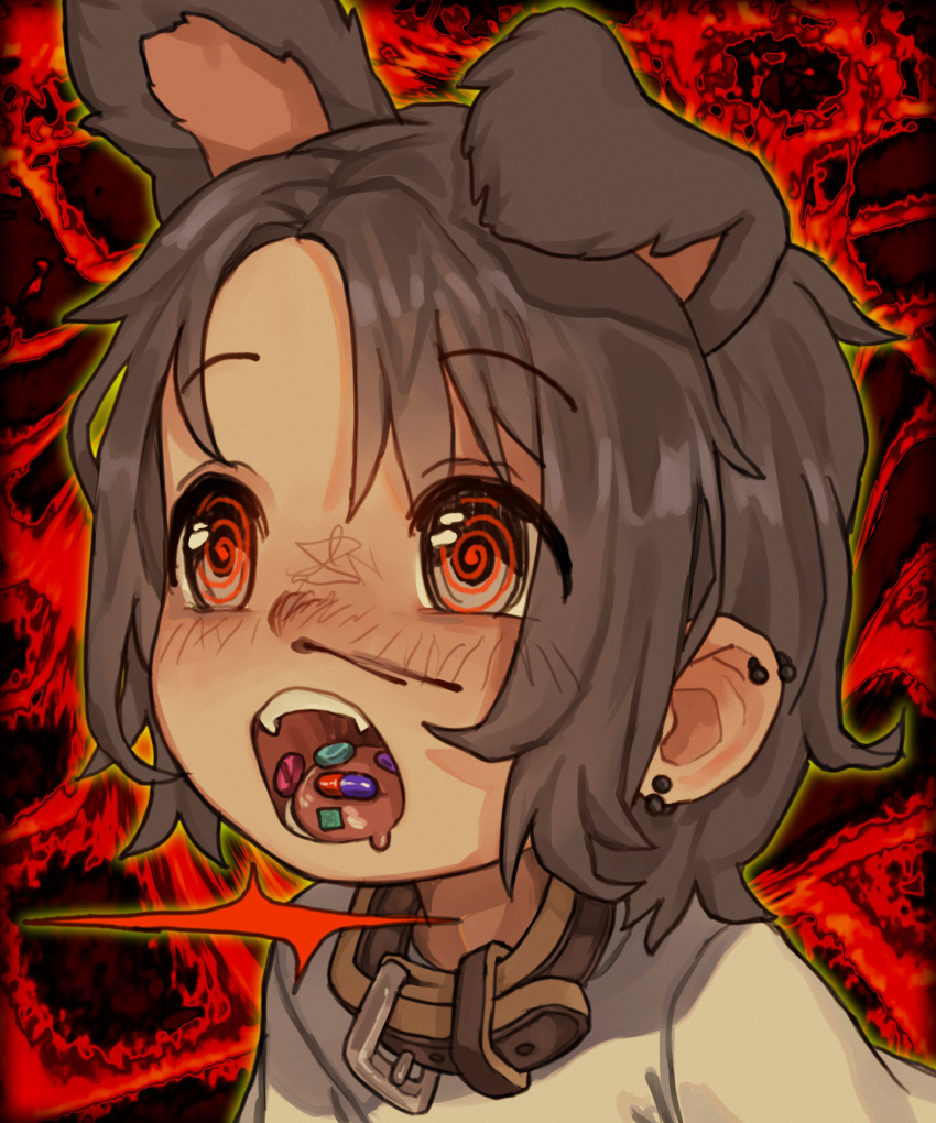 @_@ abstract_background absurdres animal_ears bad_id bad_twitter_id belt_collar collar drugged drugs ear_piercing female grey_eyes grey_hair highres motion_lines multiple_piercings open_mouth original piercing pill portrait red_background shirt short_hair solo syrupmelty white_shirt