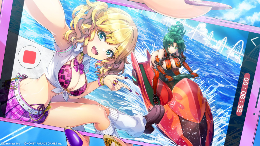 2girls bikini blonde_hair blue_eyes bracelet breasts cellphone collar dolphin_wave elbow_gloves gloves green_eyes green_hair gyaru hair_intakes harunami_anri highres izumi_kiri jet_ski jewelry large_breasts loose_socks multiple_girls nail_polish ocean official_art ootomo_takuji panties phone pleated_skirt ponytail print_bikini selfie short_sleeves skirt smartphone socks string_panties swimsuit thighhighs twintails underwear wavy_hair