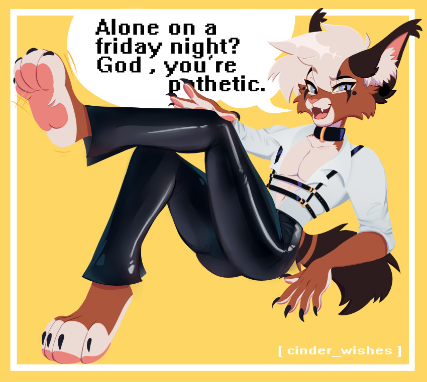 alone_on_a_friday_night_(meme) angel_(cinderwishes) anthro ass bottomwear brown_body brown_fur caracal caracal_(genus) cheek_tuft cinderwishes clothed clothing collar dialogue ear_tuft english_text facial_tuft fangs felid feline fur hair half-closed_eyes harness hi_res inner_ear_fluff leather leather_bottomwear leather_clothing leather_pants male mammal narrowed_eyes open_clothing open_mouth open_shirt open_smile open_topwear pants pawpads paws pink_pawpads shirt smile solo speech_bubble tan_body tan_fur teeth text topwear tuft white_hair