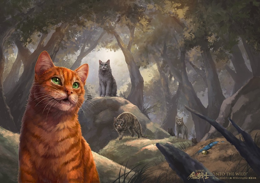 2019 ambiguous_gender bell bell_collar blue_body blue_collar blue_eyes blue_fur bluestar_(warriors) brown_body brown_fur chinese_text collar detailed detailed_background detailed_fur digital_media_(artwork) digital_painting_(artwork) domestic_cat felid feline felis female_(lore) feral firestar_(warriors) fur green_eyes group highrock logo mackerel_tabby male_(lore) mammal official_art orange_body orange_fur outside plant rock shaded sitting striped_body striped_fur stripes tabby_cat text tigerstar_(warriors) tree warriors_(book_series) whiskers yellowfang_(warriors) zilven