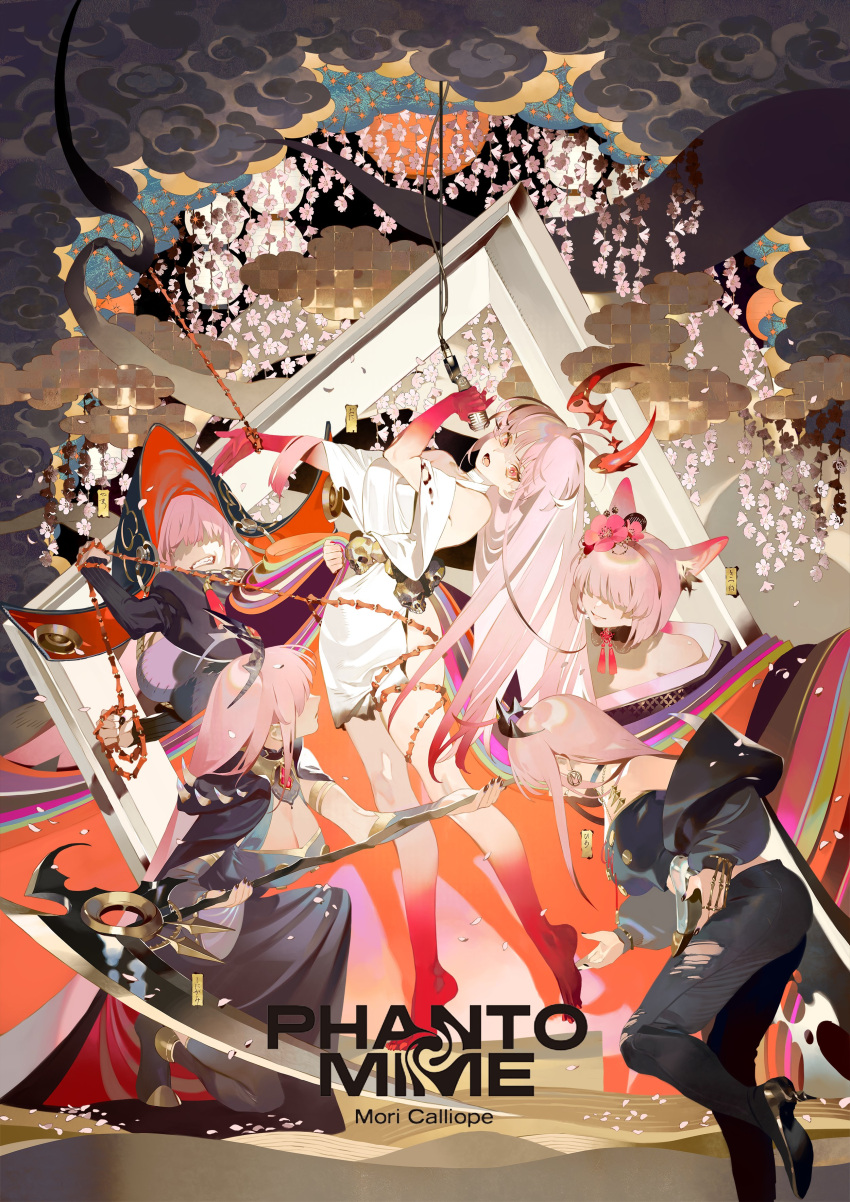 5girls absurdres album_name black_dress black_kimono bound breasts character_name colored_extremities commentary denim detached_horns dress english_commentary hair_over_eyes high_heels highres holding holding_microphone holding_scythe hololive hololive_english hood japanese_clothes jeans kimono large_breasts looking_at_viewer microphone mori_calliope mori_calliope_(1st_costume) mori_calliope_(jigoku_6) mori_calliope_(new_year) multiple_girls multiple_persona music official_alternate_costume official_alternate_hairstyle official_art pants pink_hair red_eyes red_feet red_hands rei_(sanbonzakura) scythe second-party_source short_hair singing tiara tied_up_(nonsexual) torn_clothes torn_jeans torn_pants virtual_youtuber white_dress