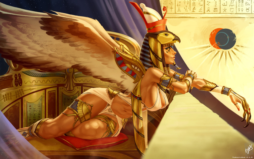 armlet artist_name breasts brown_wings cleavage cushion dated egyptian egyptian_clothes egyptian_mythology feathered_wings female highres horus_(mythology) jewelry large_breasts navel red_nails ring signature solo themaestronoob two-tone_wings white_wings wings