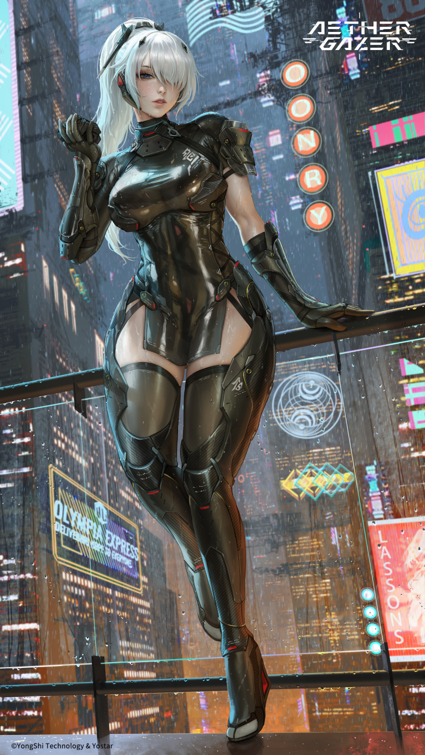 absurdres aether_gazer against_railing black_gloves black_thighhighs blue_eyes breasts city collaboration commentary cyberpunk english_commentary female gloves guweiz hair_over_one_eye highres kotachi_(aether_gazer) large_breasts legs lips long_hair looking_at_viewer official_art parted_lips pelvic_curtain ponytail railing rain sciamano240 solo thighhighs white_hair