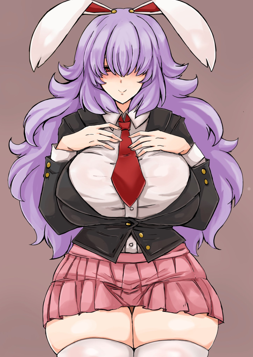 :v animal_ears black_vest blush breasts brown_background closed_mouth collared_shirt commentary_request cowboy_shot female hair_over_eyes hands_on_own_chest highres huge_breasts long_hair long_sleeves looking_at_viewer necktie pink_skirt purple_hair rabbit_ears rabbit_girl red_eyes red_necktie reisen_udongein_inaba shirt simple_background skirt smile solo thighhighs thighs touhou vest washiwa white_shirt white_thighhighs