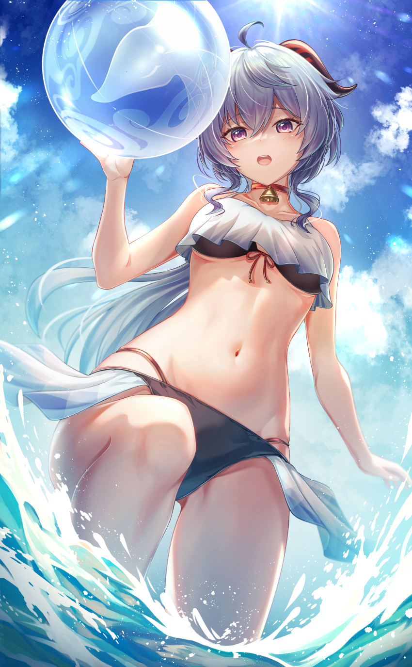 absurdres ahoge ass_visible_through_thighs ball bare_shoulders beachball bell blue_hair blue_sky breasts cloud collarbone female from_below ganyu_(genshin_impact) genshin_impact highres horns long_hair looking_at_viewer medium_breasts navel neck_bell open_mouth partially_submerged purple_eyes sidelocks sky solo splashing swimsuit thighs underboob white_background yuno_kaihara