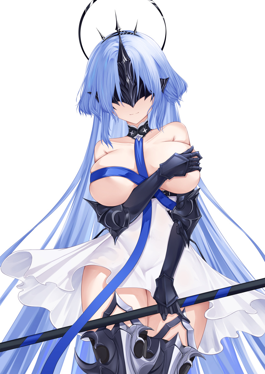 absurdres alsace_(azur_lane) armored_boots azur_lane bare_shoulders blue_eyes blue_hair blue_ribbon boots breast_ribbon breasts collarbone commentary_request covering_one_breast covering_privates dress female gauntlets halo highres holding holding_pole large_breasts lieend light_smile long_hair looking_at_viewer mask mechanical_halo pole ribbon simple_background solo thigh_boots very_long_hair white_background white_dress