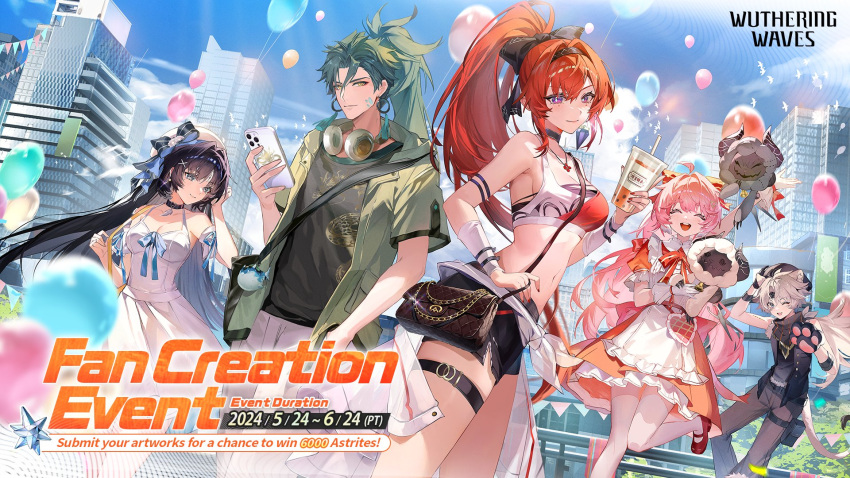 2boys 3girls bare_shoulders black_hair breasts bright_pupils cleavage dress encore_(wuthering_waves) green_hair hair_between_eyes high_ponytail highres jiyan_(wuthering_waves) lingyang_(wuthering_waves) long_hair looking_at_viewer medium_breasts mole mole_under_eye multicolored_hair multiple_boys multiple_girls official_art pointy_ears purple_eyes red_hair tacet_mark_(wuthering_waves) very_long_hair white_pupils wuthering_waves yangyang_(wuthering_waves) yellow_eyes yinlin_(wuthering_waves)