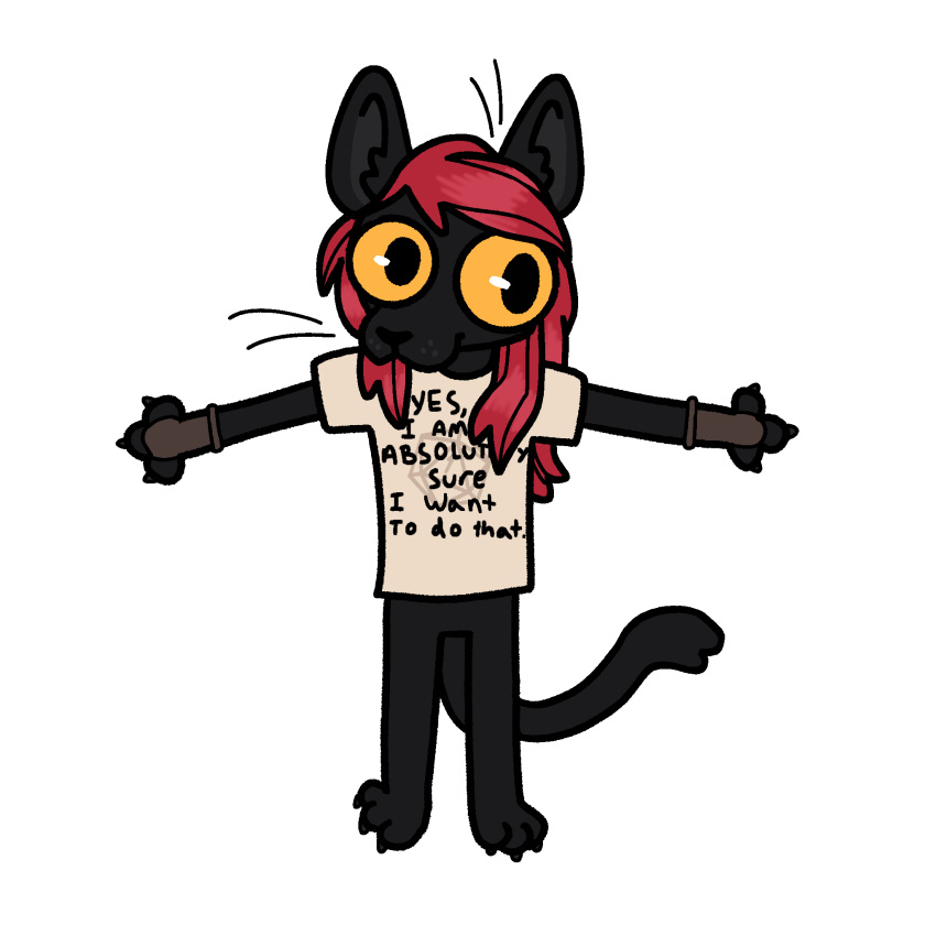 1:1 alpha_channel anthro black_body bottomless canlneblood claws clothed clothing d20 dice domestic_cat english_text featureless_crotch felid feline felis female gloves graphic_tee hair handwear hi_res humor looking_at_viewer mammal mara_the_red_(kekanicreates) meme presenting red_hair shirt simple_background slim solo standing text text_on_clothing text_on_topwear topwear transparent_background whiskers yellow_eyes