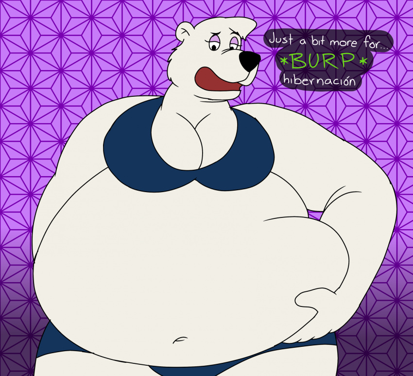 anthro bear bearimore belly belly_grab belly_overhang belly_squish big_belly big_breasts bikini black_nose bloat bloated blue_clothing breasts burping clothing dialogue english_text fat_grab fat_squish female fur gas gassy hi_res hibernation huge_belly hyper hyper_belly mammal navel obese obese_anthro obese_female overweight overweight_anthro overweight_female polar_bear purple_background simple_background solo squish swimwear text the_adventures_of_courdroy_bear ursine weight_gain white_body white_fur wolfox90210