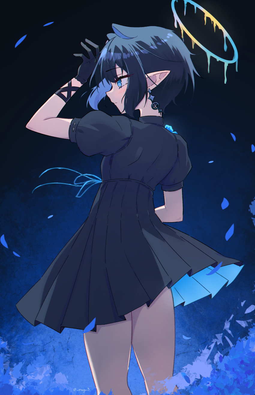 absurdres black_gloves blue_dress blue_eyes blue_hair blue_theme dress earrings female gloves halo highres hololive hololive_english jewelry liquid_halo magui3 meconopsis_(ninomae_ina'nis) melting_halo ninomae_ina'nis official_alternate_costume official_alternate_hairstyle pleated_dress pointy_ears puffy_short_sleeves puffy_sleeves short_hair short_sleeves solo standing virtual_youtuber