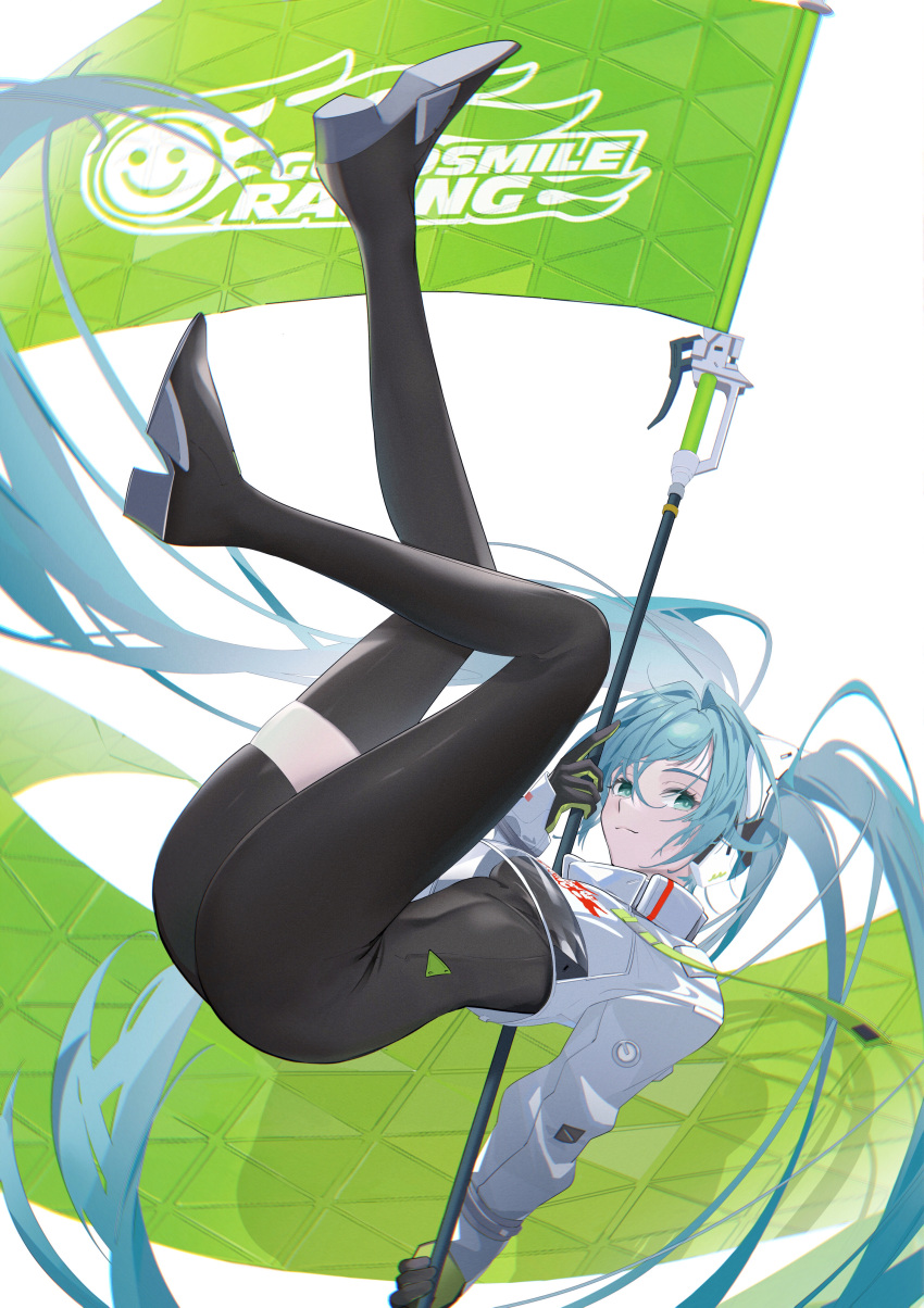 absurdres aqua_eyes aqua_hair ass black_bodysuit black_footwear black_gloves bodysuit boots breasts closed_mouth commentary covered_navel crop_top cropped_jacket female flag flagpole floating floating_hair full_body gloves goodsmile_racing hair_between_eyes hair_intakes hatsune_miku headgear high_heels highres holding holding_flag holding_pole igawa_hikaru jacket long_hair long_sleeves looking_at_viewer medium_breasts pole race_queen racing_miku racing_miku_(2022) sidelocks simple_background single_thigh_boot skindentation smile solo thigh_boots thighhighs twintails very_long_hair vocaloid white_background white_jacket