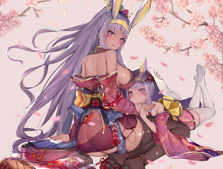 2girls absurdres aged_down animal_ears ass back bare_shoulders blush braid breasts brown_thighhighs cherry_blossoms commentary_request dark-skinned_female dark_skin dual_persona earrings egyptian facepaint facial_mark fate/grand_order fate_(series) floral_print french_braid hair_tubes headband high_ponytail highres hoop_earrings jackal_ears japanese_clothes jewelry kimono large_breasts long_hair long_sleeves looking_at_viewer looking_back multiple_girls nitocris_(fate) obi off_shoulder open_mouth purple_eyes purple_hair purple_kimono revision sash sherryqq sidelocks thighhighs thighs white_thighhighs wide_sleeves