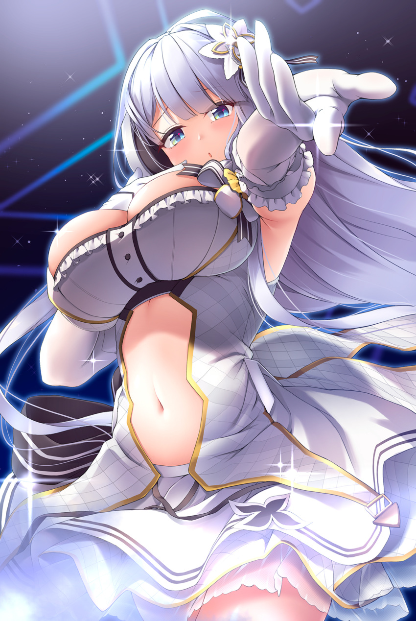 awa_yume azur_lane bare_shoulders blue_eyes blush breasts center_opening dress elbow_gloves female gloves hair_ribbon highres idol illustrious_(azur_lane) illustrious_(muse)_(azur_lane) large_breasts long_hair looking_at_viewer music navel outstretched_arm ribbon singing skirt solo stomach very_long_hair white_dress white_gloves white_hair