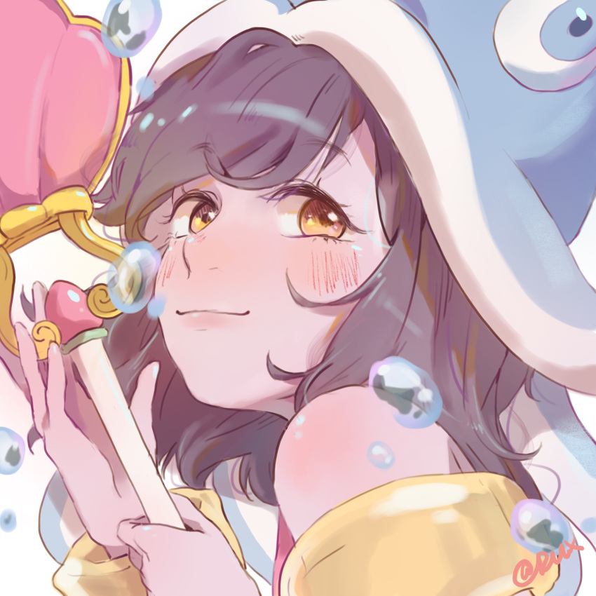 bare_shoulders black_hair blush female fish_hat hands_up highres holding holding_staff league_of_legends long_hair lulu_(league_of_legends) orange_eyes pool_party_lulu ruan_chen_yue signature smile solo staff