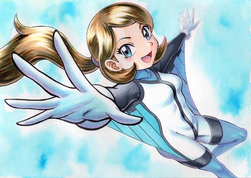 :d blue_background blue_eyes blue_gloves blush breasts brown_hair commentary covered_abs covered_collarbone covered_navel eyelashes female floating_hair gloves jumpsuit leg_up long_hair looking_at_viewer medium_breasts oka_mochi open_mouth pokemon pokemon_adventures ponytail protected_link serena_(pokemon) skin_tight sky_trainer_uniform smile solo spread_fingers tongue traditional_media