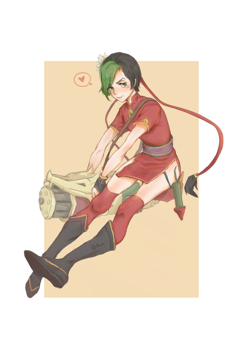 absurdres black_footwear black_hair blush boots breasts chinese_clothes dress female firecracker_jinx flower gatling_gun green_hair grey_flower hair_flower hair_ornament highres jinx_(league_of_legends) knee_boots league_of_legends long_hair looking_at_viewer minigun missile multicolored_hair official_alternate_costume orange_background red_thighhighs ruan_chen_yue short_sleeves smile solo thighhighs two-tone_hair white_background