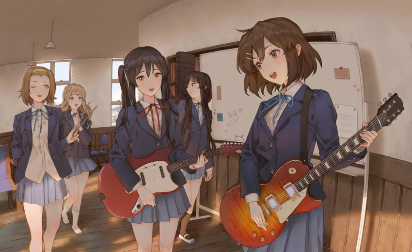 5girls :d ;d akiyama_mio black_hair black_socks blazer blonde_hair blue_eyes blue_jacket book bookshelf brown_eyes brown_hair chair collared_shirt dress_shirt drumsticks electric_guitar fender_mustang gibson_les_paul guitar guitar_case hair_between_eyes hairband hirasawa_yui indoors instrument instrument_case jacket k-on! kotobuki_tsumugi long_hair long_sleeves maachi_(fsam4547) multiple_girls nakano_azusa one_eye_closed open_mouth pleated_skirt sakuragaoka_high_school_uniform school_uniform shirt shoes short_hair sidelocks skirt smile socks tainaka_ritsu thick_eyebrows twintails uwabaki white_shirt window winter_uniform wooden_floor yellow_eyes