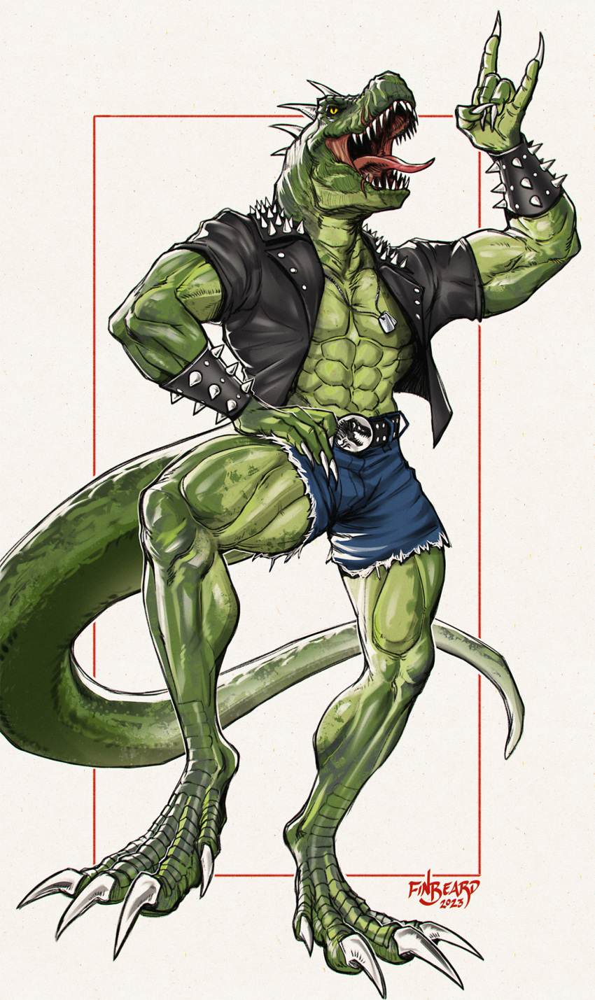 abs absurd_res anthro bottomwear claws clothing dinosaur english_text extinct finbeard green_body hi_res jacket male muscular muscular_male pecs prehistoric_species reptile rocco_(tallion) scales scalie shorts solo spikes spikes_(anatomy) text theropod tongue topwear tyrannosaurid tyrannosauroid tyrannosaurus tyrannosaurus_rex