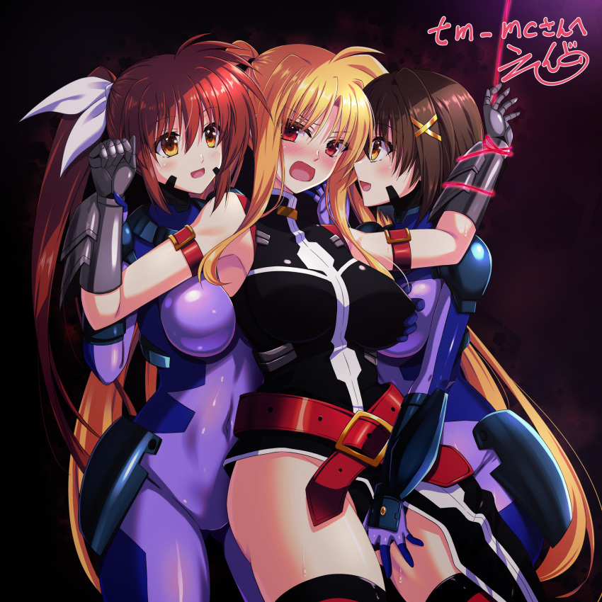 3girls black_thighhighs blonde_hair blue_bodysuit blush bodysuit breasts brown_hair commentary_request dark_persona endori fate_testarossa fate_testarossa_(true_sonic_form) femdom fff_threesome grabbing grabbing_another's_breast grabbing_from_behind group_sex hair_ornament hair_ribbon hairclip hand_on_another's_thigh highres large_breasts long_hair looking_at_another lyrical_nanoha mahou_shoujo_lyrical_nanoha_strikers multiple_girls numbers'_uniform open_mouth red_eyes restrained ribbon shiny_skin short_hair side_ponytail smile takamachi_nanoha thighhighs threesome yagami_hayate yellow_eyes yuri