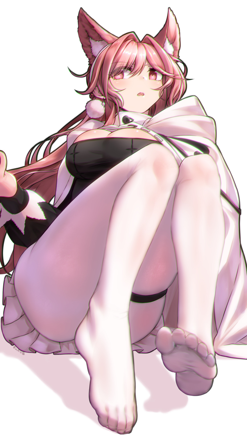 absurdres animal_ear_fluff animal_ears arknights black_dress blush breasts cape cleavage convenient_leg dress feet female foot_focus foreshortening hair_intakes highres knees_up large_breasts legs long_hair long_sleeves looking_at_viewer no_shoes official_alternate_costume open_mouth pantyhose pink_eyes pink_hair pozyomka_(arknights) pozyomka_(snowy_plains_in_words)_(arknights) simple_background sitting skindentation soles solo thigh_strap toes very_long_hair white_background white_cape white_pantyhose wolf_ears yamauchi_(conan-comy)