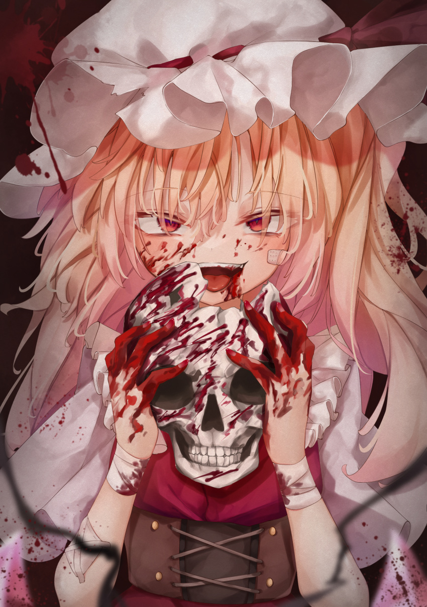 :d absurdres bandaged_arm bandages bandaid bandaid_on_face blonde_hair blood blood_from_mouth blood_on_bandages blood_on_clothes blood_on_face breasts broken_skull calpis118 commentary_request corset dark_background female flandre_scarlet hair_between_eyes hands_up hat highres holding holding_skull long_hair looking_at_viewer mob_cap nail_polish one_side_up open_mouth red_background red_eyes red_nails red_vest short_sleeves simple_background skull small_breasts smile solo tongue touhou upper_body vest white_hat