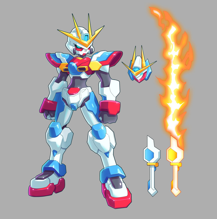 biometal blue_eyes clenched_hands crossover energy_sword grey_background gundam gundam_build_fighters gundam_build_fighters_try highres mecha mega_man_(series) mega_man_zx no_humans parody robot science_fiction solo standing style_parody sword try_burning_gundam ultimatemaverickx v-fin weapon