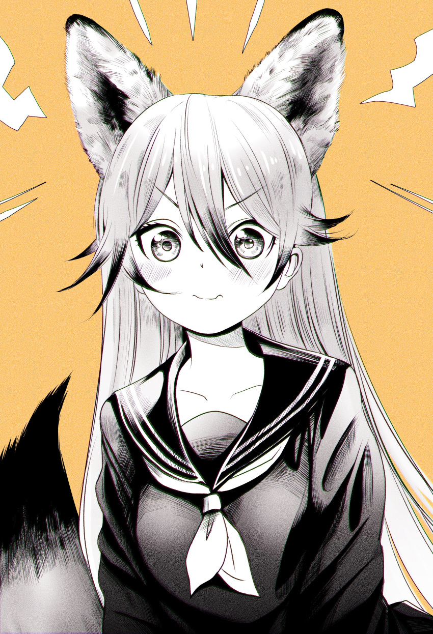 absurdres akegata_tobari alternate_costume animal_ears blush chromatic_aberration collarbone commentary extra_ears ezo_red_fox_(kemono_friends) female film_grain fox_ears fox_girl fox_tail hair_between_eyes highres kemono_friends long_sleeves looking_at_viewer neckerchief sailor_collar school_uniform serafuku solo sweater tail v-shaped_eyebrows