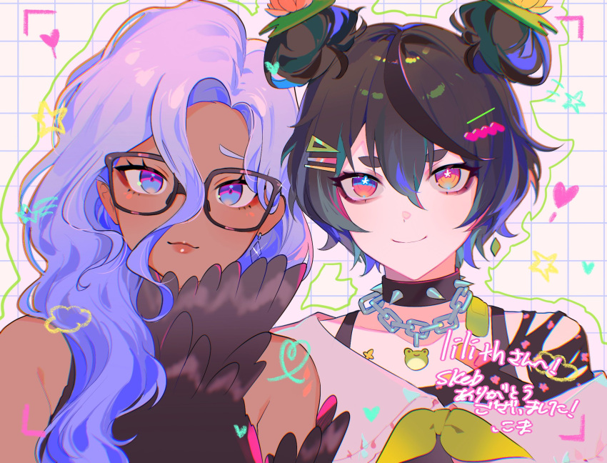 2girls black_hair blue_eyes blue_hair chain_necklace chains collar colored_tips dark-skinned_female dark_skin double_bun flower glasses hair_bun hair_flower hair_ornament hairclip harpy heterochromia highres indie_virtual_youtuber jewelry lilith_(vtuber) maya_the_harpy monster_girl multicolored_hair multiple_girls necklace nima_(nimamann) pale_skin purple_eyes spiked_collar spikes virtual_youtuber winged_arms wings yellow_eyes