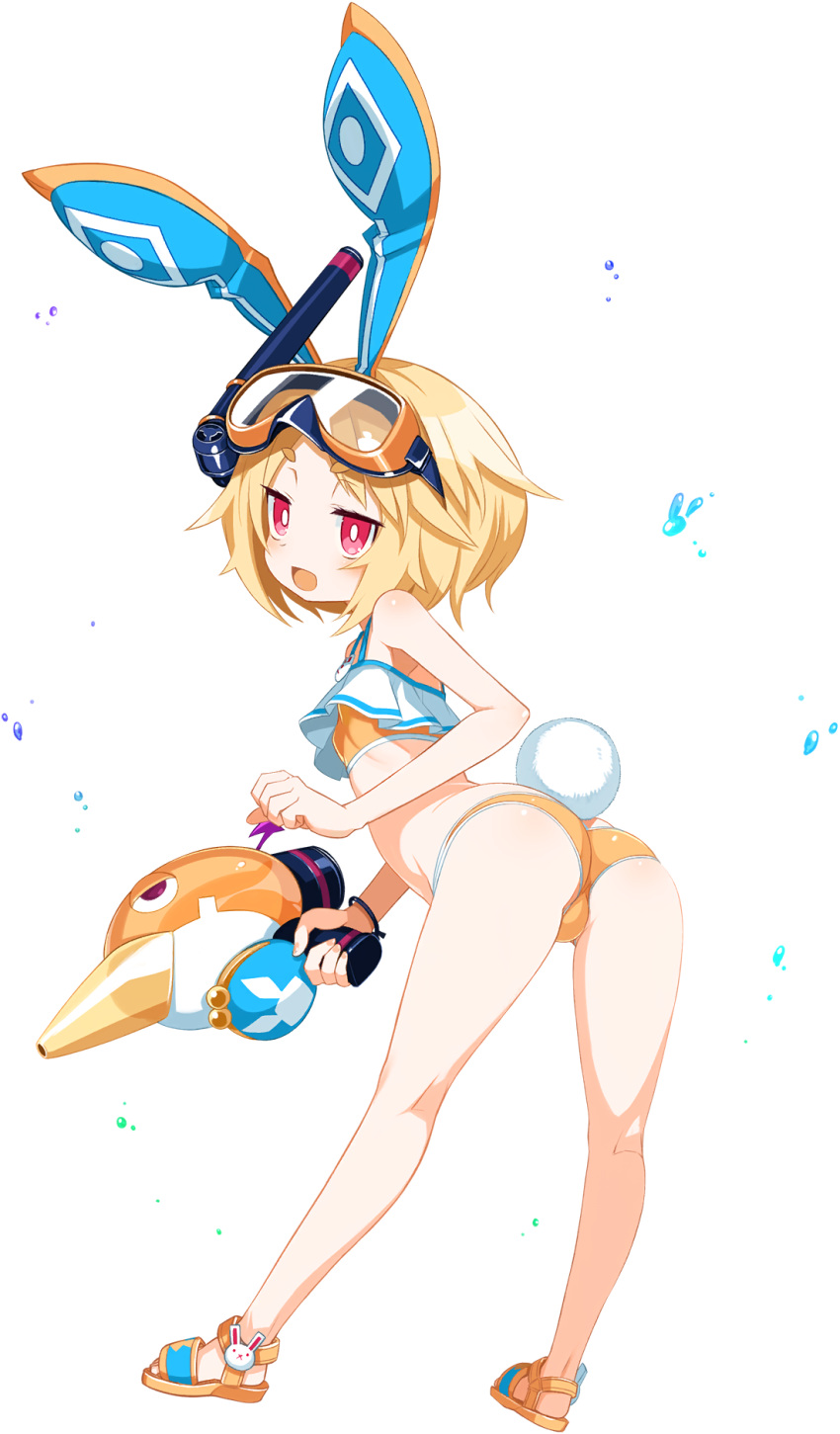 animal_ears ass bikini blonde_hair bright_pupils disgaea disgaea_rpg female full_body goggles goggles_on_head highres holding holding_water_gun non-web_source official_art open_mouth photoshop_(medium) rabbit_ears rabbit_tail red_eyes sandals short_eyebrows short_hair snorkel solo standing swimsuit tail thick_eyebrows transparent_background usalia_(disgaea) water_gun