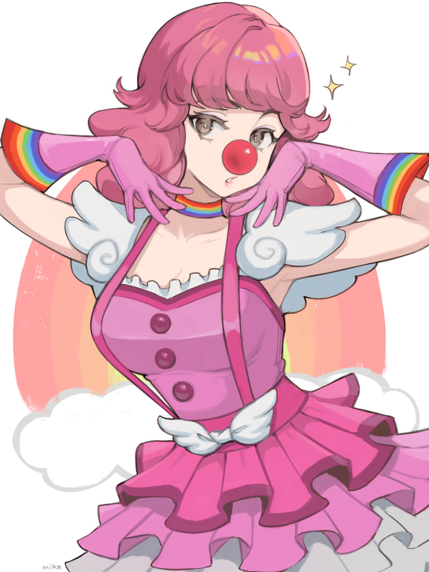 breasts choker cleavage clown clown_nose dress feather_sleeves female frills geiru_toneido gloves gyakuten_saiban hands_up highres large_breasts layered_dress looking_at_viewer makeup medium_hair milka_(milk4ppl) multicolored_clothes phoenix_wright:_ace_attorney_-_spirit_of_justice pink_dress pink_gloves pink_hair rainbow_choker rainbow_print sleeveless smile solo sparkle suspenders white_background wing-shaped_bow