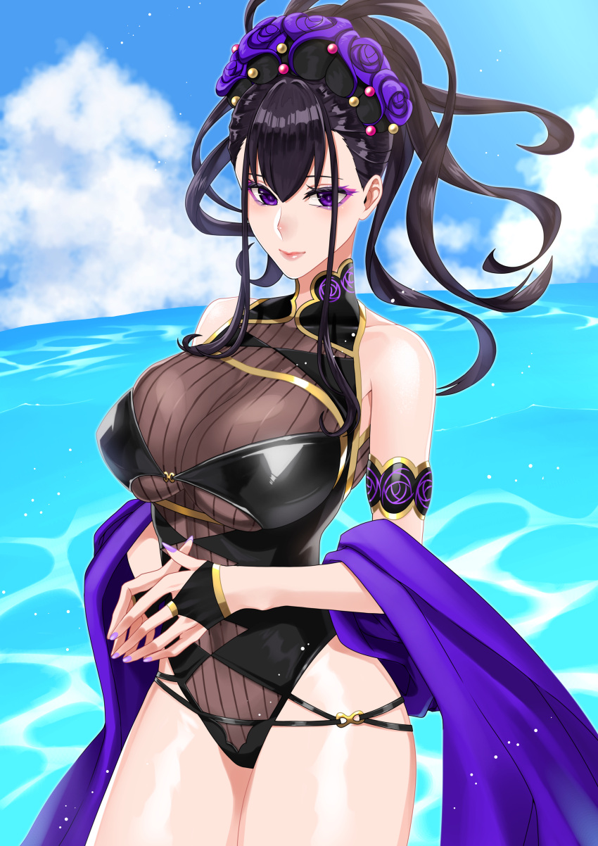 absurdres armlet bare_shoulders black_gloves black_hair black_one-piece_swimsuit blue_sky breasts covered_navel eyeliner fate/grand_order fate_(series) female fingerless_gloves flower gloves gold_trim hair_flower hair_ornament hair_up half_gloves highleg highleg_swimsuit highres large_breasts long_hair looking_at_viewer makeup murasaki_shikibu_(fate) murasaki_shikibu_(swimsuit_rider)_(fate) murasaki_shikibu_(swimsuit_rider)_(first_ascension)_(fate) ocean one-piece_swimsuit purple_eyes shiochan sky smile solo swimsuit thighs tied_hair