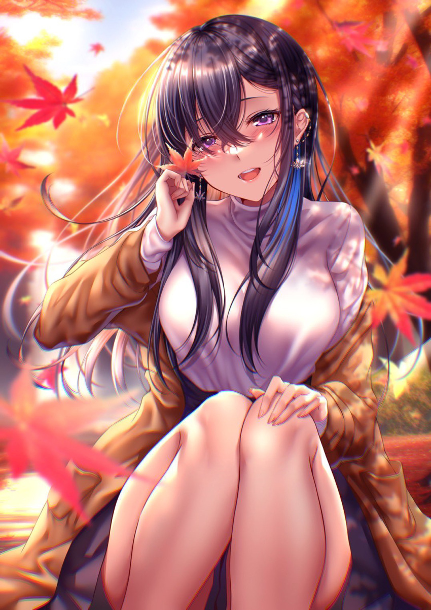 black_skirt blush breasts brown_coat coat crossed_bangs earrings falling_leaves feet_out_of_frame female foliage hair_between_eyes hair_over_breasts hand_on_own_knee high-waist_skirt highres holding holding_leaf ichinose_uruha jewelry large_breasts leaf leaf_print legs_together lips long_sleeves looking_at_viewer lupinus_virtual_games maple_leaf maple_leaf_print maple_tree off_shoulder open_mouth outdoors pleated_skirt purple_eyes rairaisuruyo sidelocks skirt smile solo sunlight sweater teeth tree tree_shade turtleneck turtleneck_sweater upper_teeth_only virtual_youtuber vspo! white_sweater