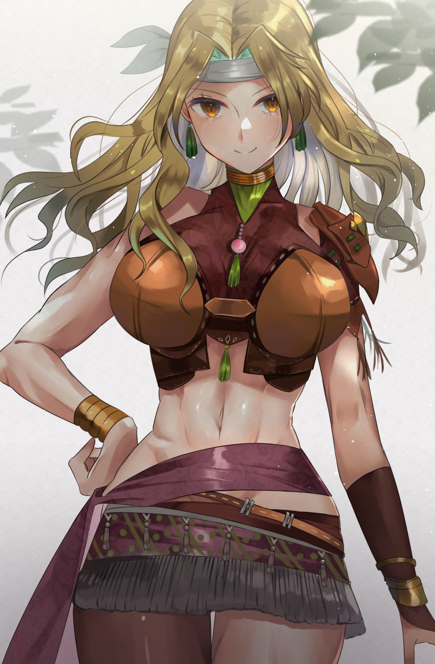 abs absurdres armor blonde_hair bracelet breasts brigid_(fire_emblem) brown_eyes chil0107 cosplay earrings female fire_emblem fire_emblem:_genealogy_of_the_holy_war fire_emblem:_three_houses hand_on_own_hip headband highres jewelry large_breasts light_particles looking_at_viewer md5_mismatch midriff miniskirt name_connection navel necklace pantyhose petra_macneary petra_macneary_(cosplay) plant resolution_mismatch shoulder_armor simple_background skirt solo source_smaller thighs