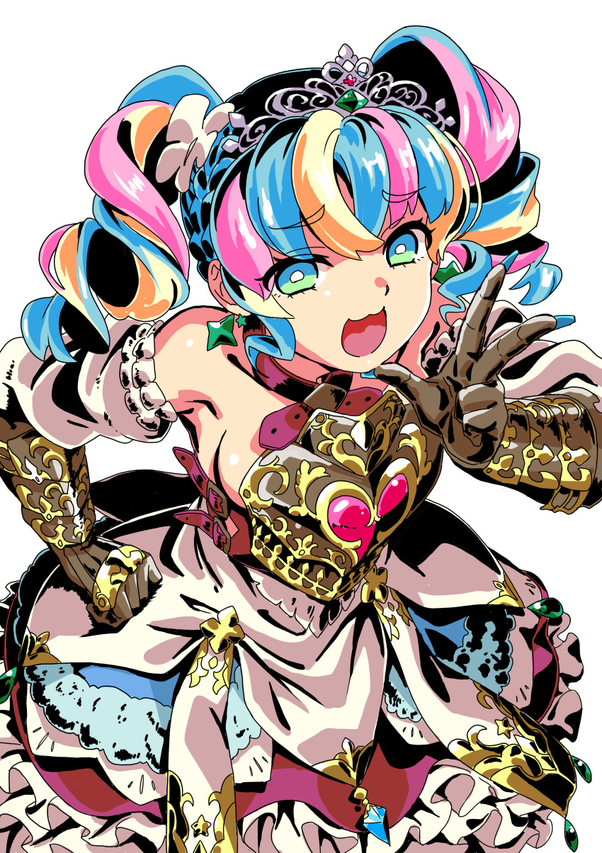 :3 :d absurdres aqua_eyes aqua_hair armor bare_shoulders breasts bright_pupils cowboy_shot dress female fingernails gloves high_contrast highres junu_(junudonkochan) long_fingernails looking_at_viewer medium_breasts mesugaki multicolored_hair nails_visible_through_gloves pink_hair princess_(sekaiju) princess_5_(sekaiju) sekaiju_no_meikyuu sekaiju_no_meikyuu_3 sekaiju_no_meikyuu_hd sideboob simple_background sleeveless sleeveless_dress smile solo tiara white_background white_hair white_pupils